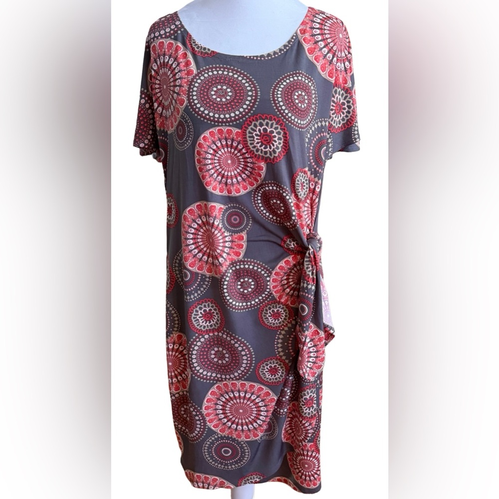 ROBBIE BEE Gray & Orange Medallion Side Knot Jersey Knit Sheath Dress Large